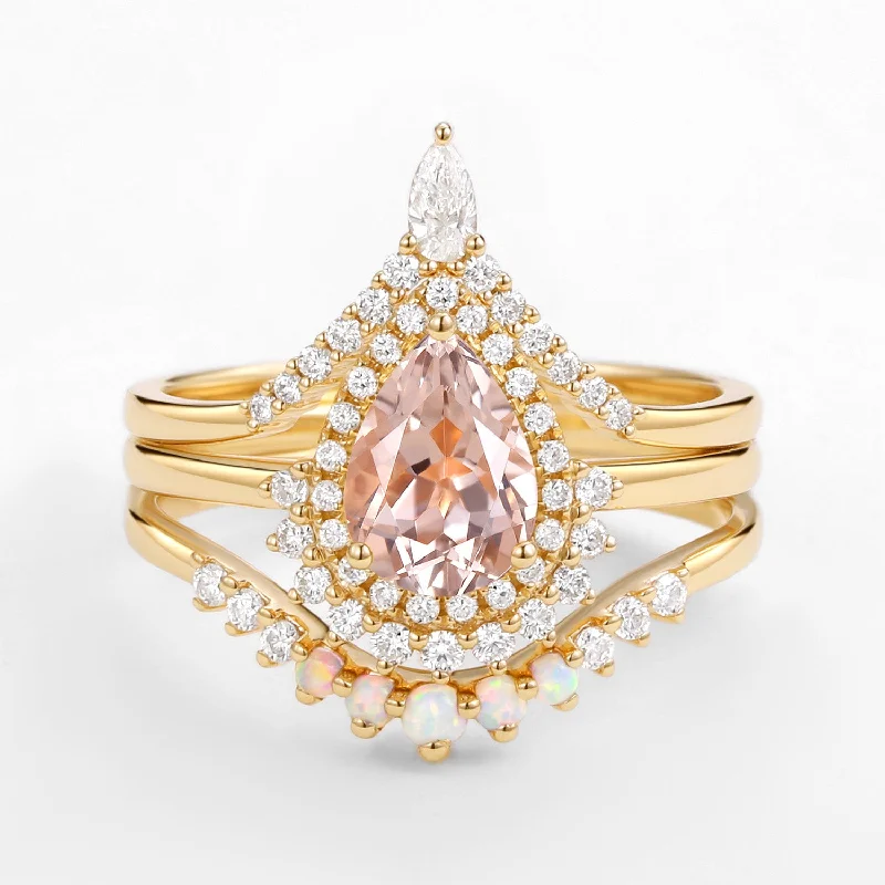 Women’s minimalist gold rings-1.5ct Peachy Morganite & Natural Opal Halo Ring Set 3pcs