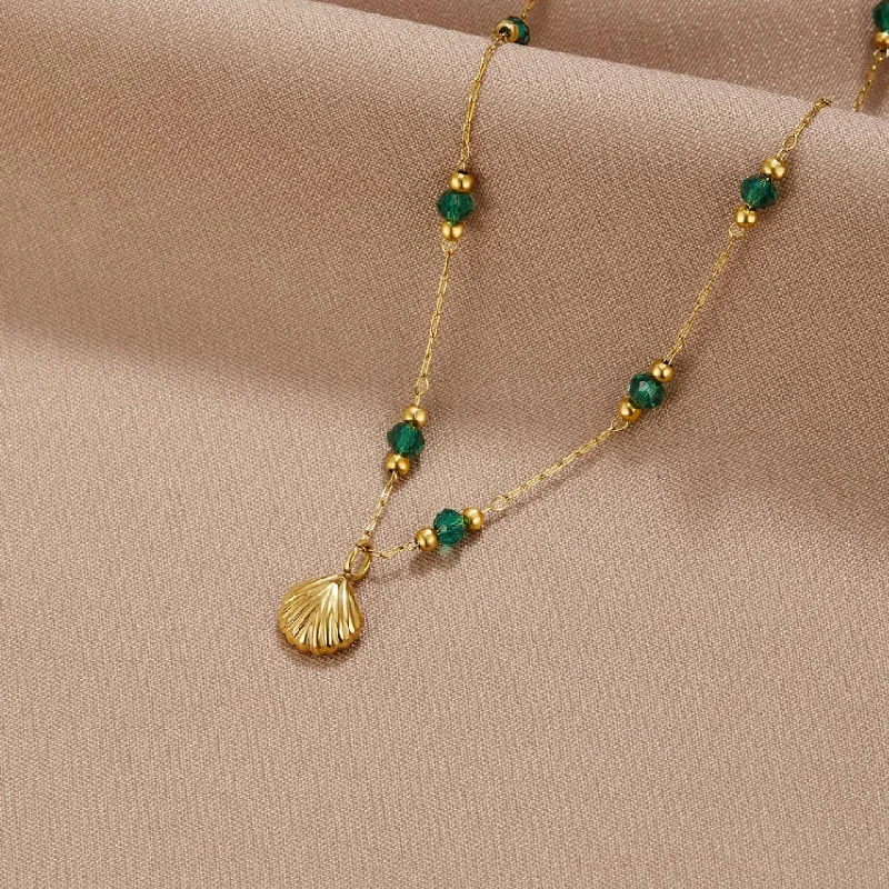 Women’s chic necklaces-Nerissa Gold Shell & Green Bead Necklace