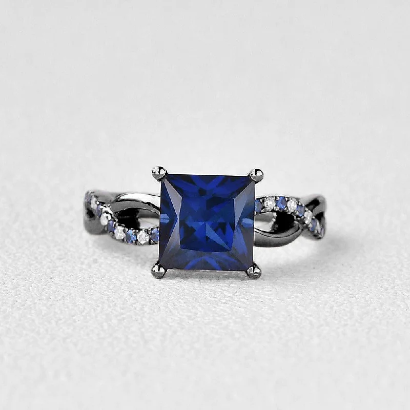 Women’s precious metal rings-Black Gold Blue Sapphire & Moissanite Retro Style Ring