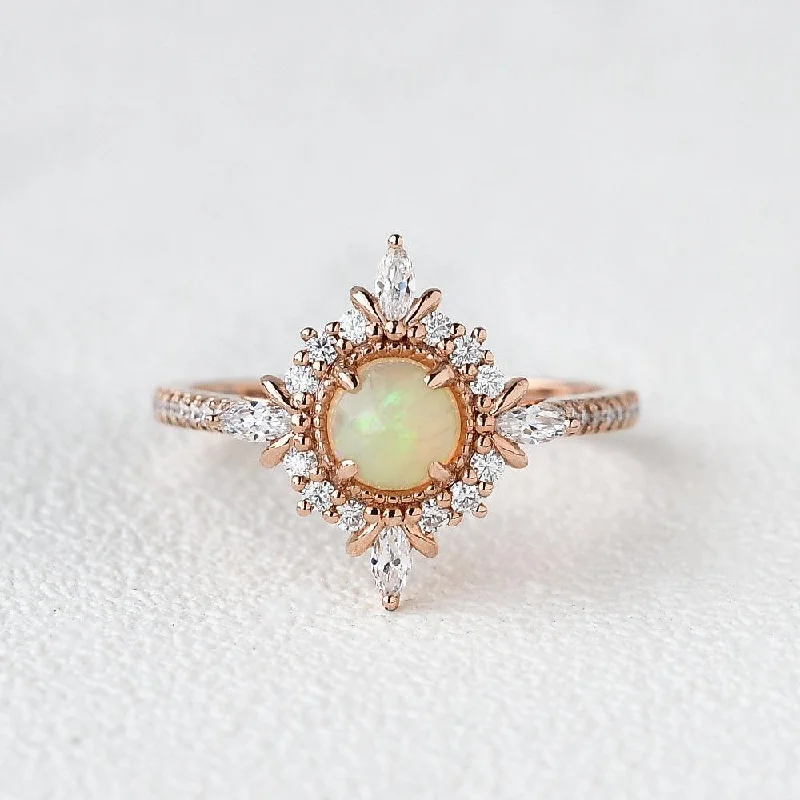 Women’s adjustable rings-Natural Opal Cluster Halo Antique Milgrain Ring