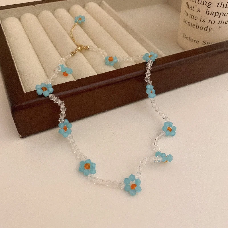 9 Blue Crystal Flowers Necklace