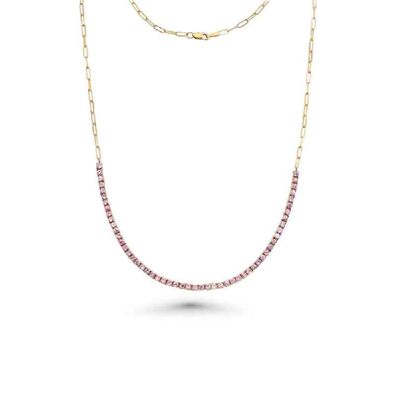 Women’s solitaire necklaces-HalfWay Pink Sapphire Tennis Necklace With Paperclip Chain (4.70 ct.) 4-Prongs Setting in 14K Gold