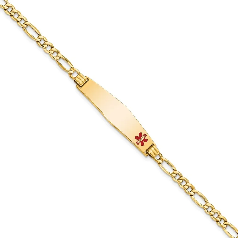 Women’s silver bracelets-14k Yellow Gold 8.5mm Semi-solid Medical Soft Diamond Shape Red Enamel Figaro ID Bracelet, 7"