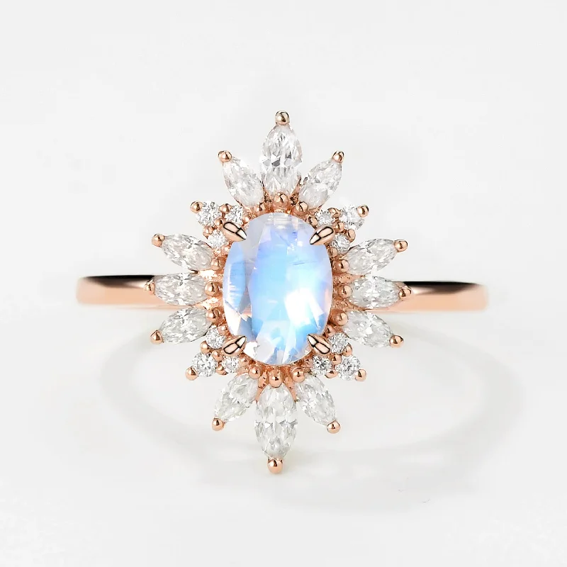 Women’s emerald cut rings-Oval Moonstone Flower Inspired Halo Ring