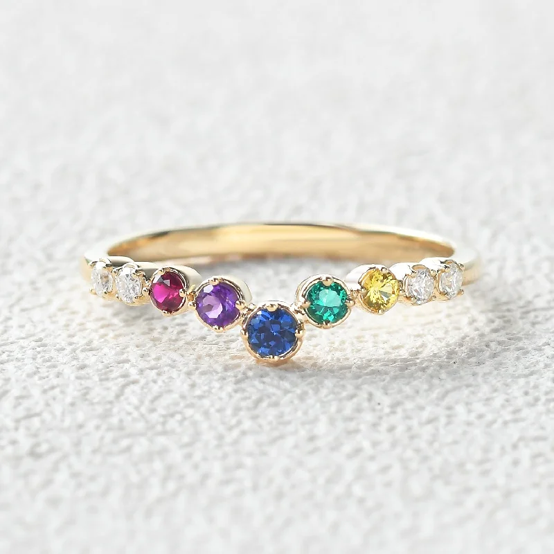 Women’s heart-shaped rings-Curved V Shaped Rainbow Lab Sapphire Gemstones Yellow Gold Ring