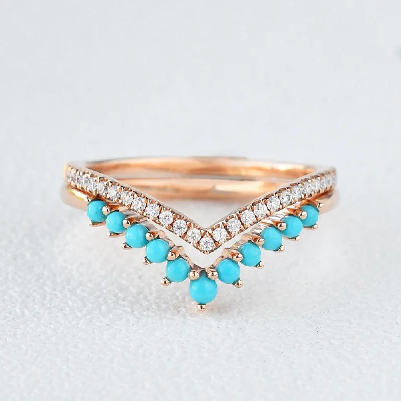 Women’s solitaire rings-Bohemian Turquoise Chevron Stacking Ring Set 2pcs