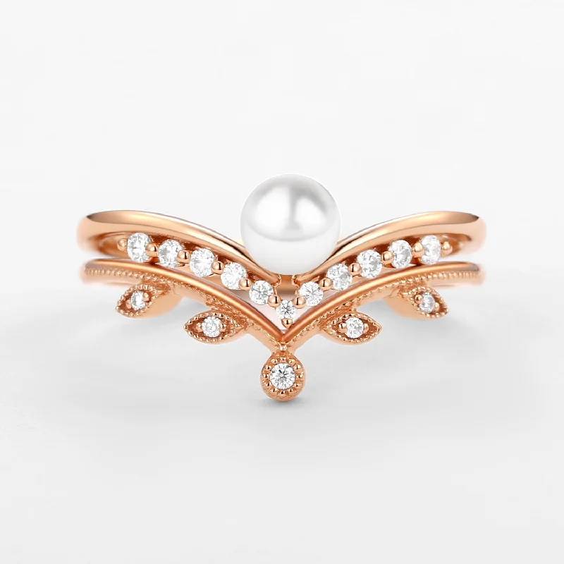 Women’s heart-shaped rings-Pearl Bridal Set 2pcs Rose Gold Ring