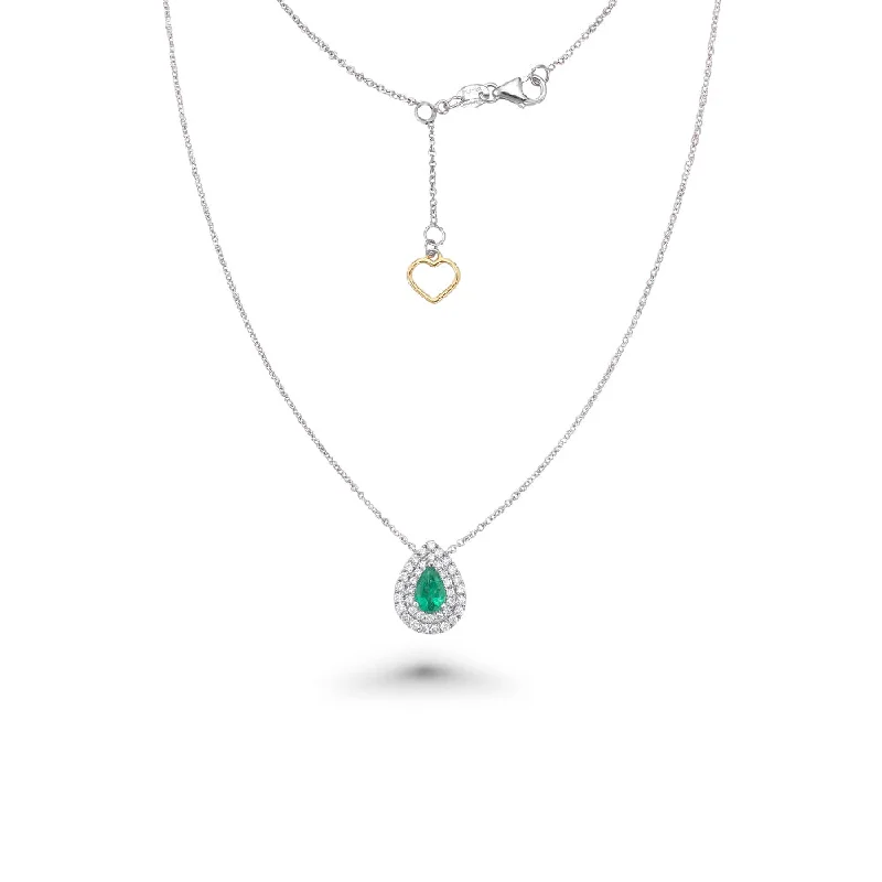 Women’s ruby necklaces-Pear Shape Emerald With Double Diamond Halo Necklace (0.63 ct.) in 18K Gold