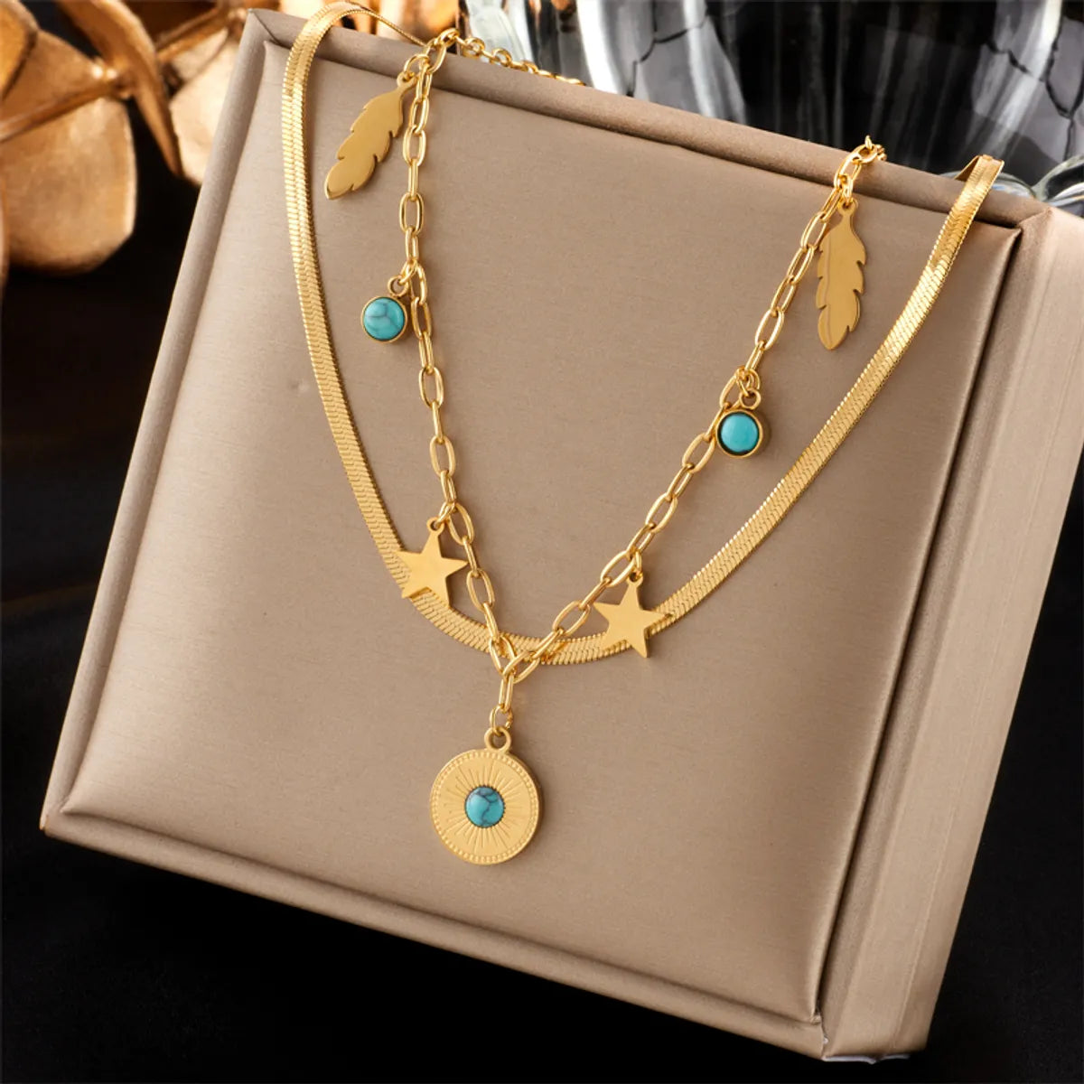 Women’s long necklaces-Vintage Style Round Stainless Steel Layered Necklaces Gold Plated Stainless Steel Necklaces