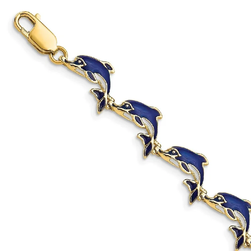 Women’s fashion bracelets-14k Yellow Gold 5.8mm Enameled Dolphin Bracelet, 7.25"