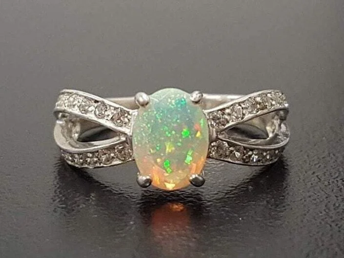 Women’s rose gold engagement rings-Fire Opal Ring - Vintage Opal Ring - Diamond Split Shank Band