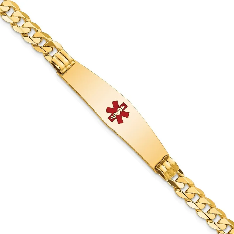 Women’s fashion bracelets-14k Yellow Gold 9.5mm Medical Soft Diamond Shape Red Enamel Curb Link ID Bracelet, 7"