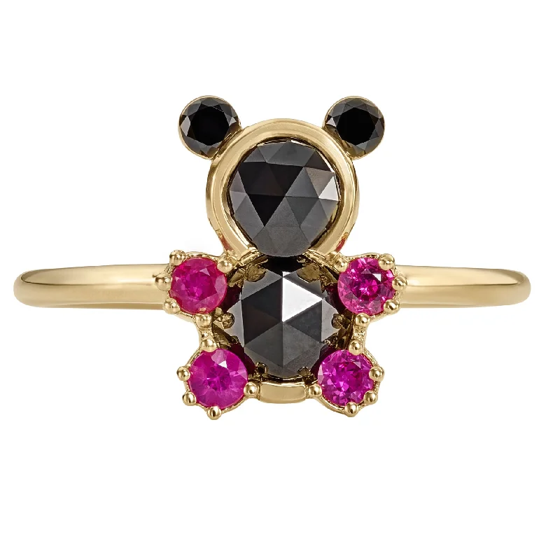 Women’s men’s style rings-Teddy Bear Black Rose Cut Diamond & Ruby Ring