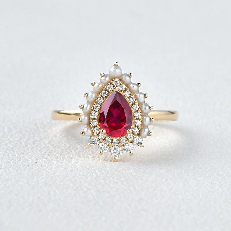 Women’s unique rings-Lab Ruby & Pearls Vintage Inspired Halo Yellow Gold Ring