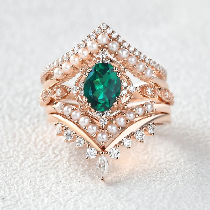 Women’s romantic diamond rings-1.5ct Emerald Signature Vintage Extravaganza Ring Set 5pcs