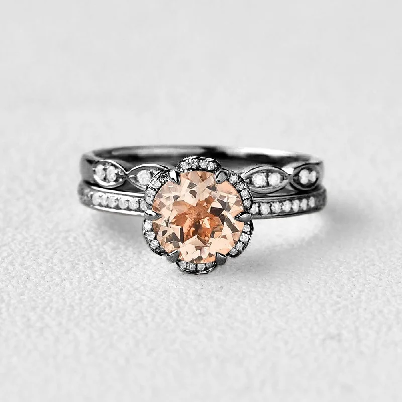 Women’s statement cocktail rings-Floral Inspired - Black Gold Round Cut Morganite Ring Set 2pcs