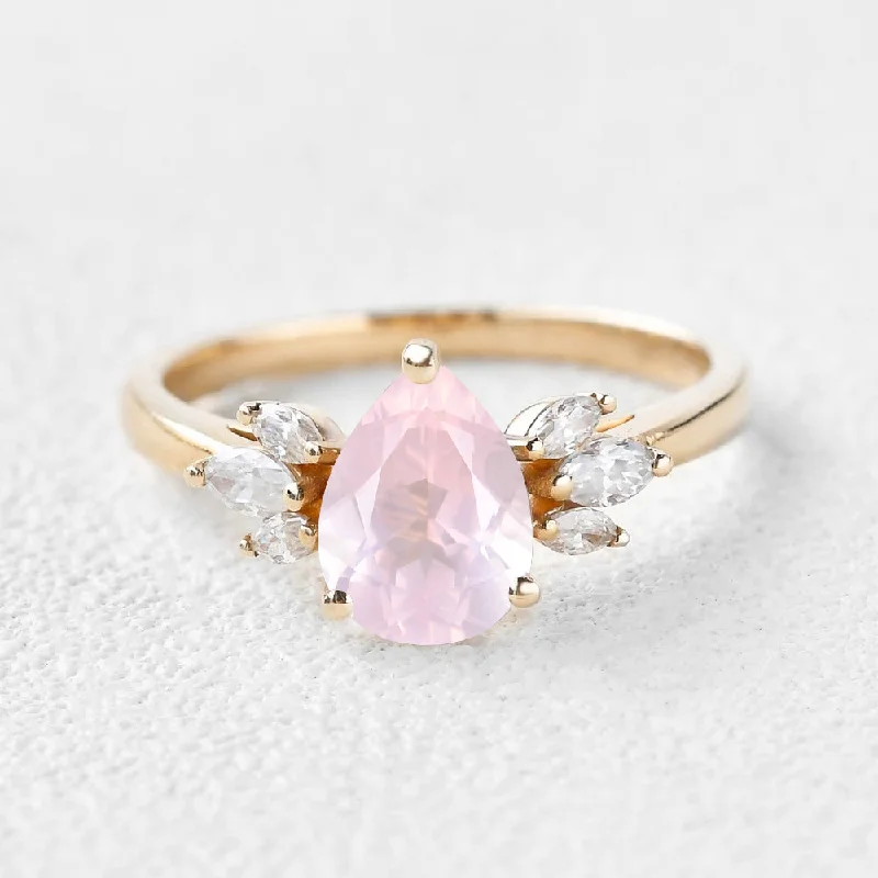 Women’s vintage gold rings-1.5ct Pear Shaped Rose Quartz Butterfly Cluster Ring