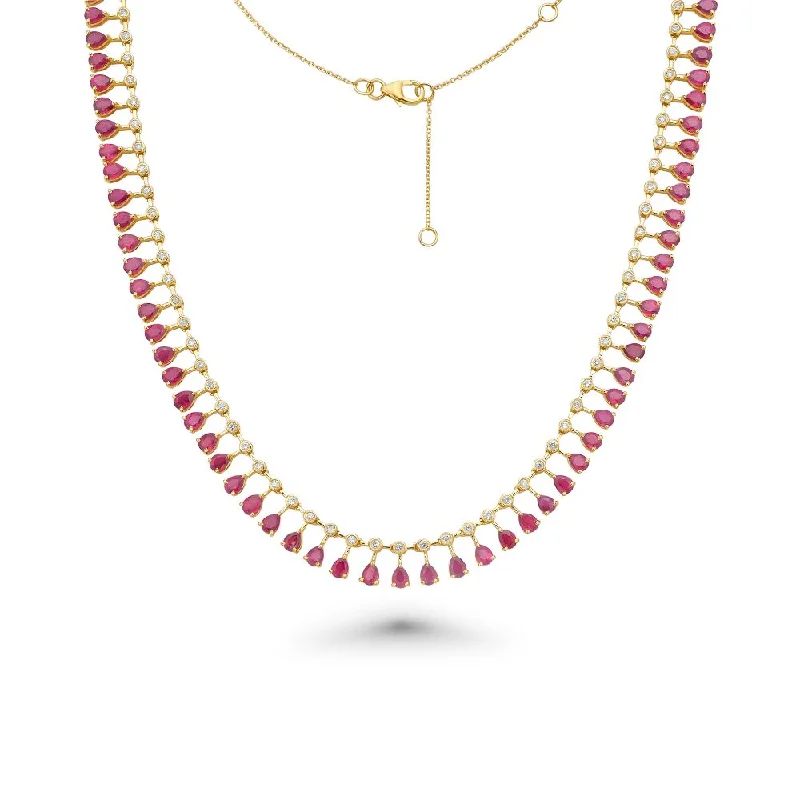 Women’s wedding band necklaces-Diamond & Dangling Pear Shape Pink Sapphire Choker Necklace (17.00 ct.) in 14K Gold