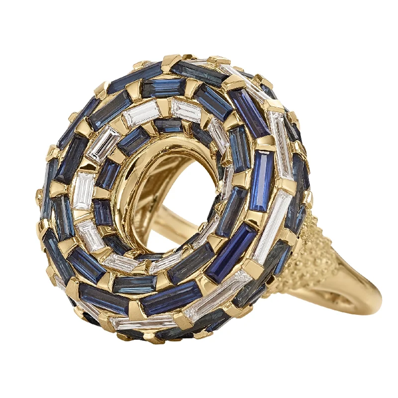 Women’s round-cut rings-Saturn Moons Ring with Blue Sapphire & White Diamond Baguettes