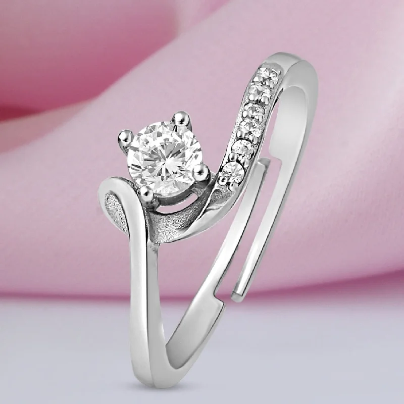 Women’s anniversary rings-Swirling Solitaire Rhodium Plated 925 Sterling Silver Ring