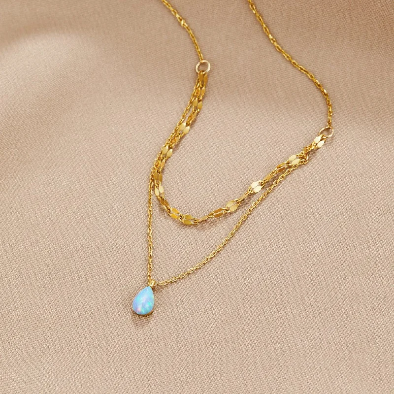 Women’s classic pendant necklaces-Blue Opal Teardrop Layered Necklace