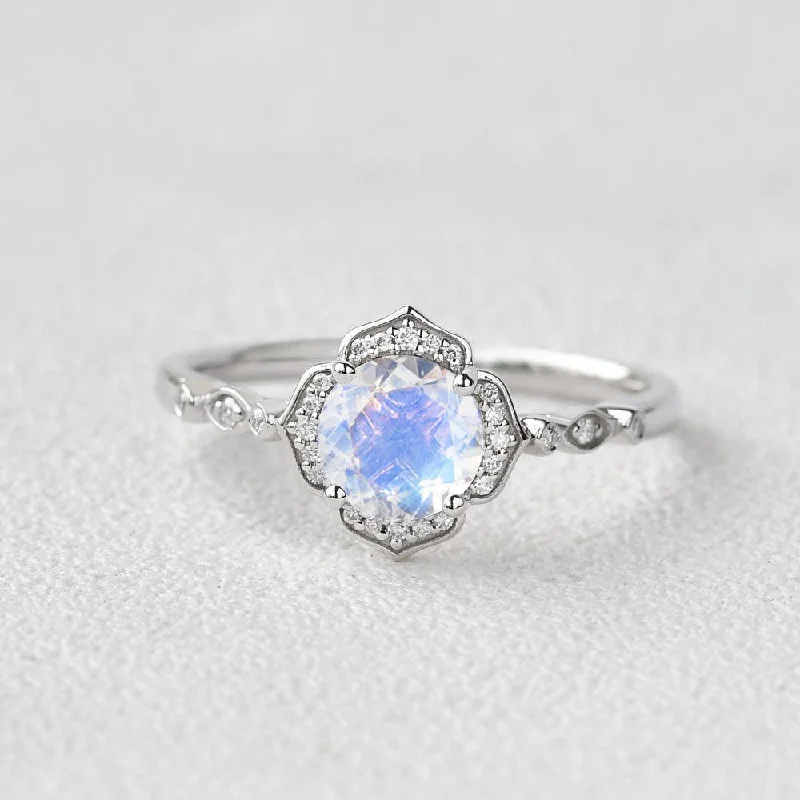 Women’s fashion rings-Round Cut Moonstone & Moissanite White Gold Ring