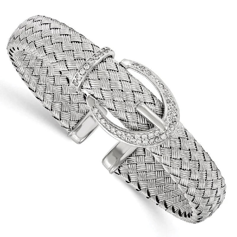 Women’s casual bracelets-925 Sterling Silver Cubic Zirconia Woven Flexible Cuff Bangle Bracelet