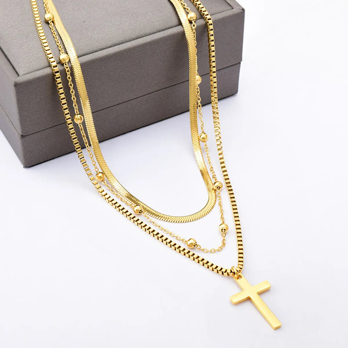 Women’s silver necklaces-Vacation Streetwear Cross Titanium Steel Layered Necklaces In Bulk