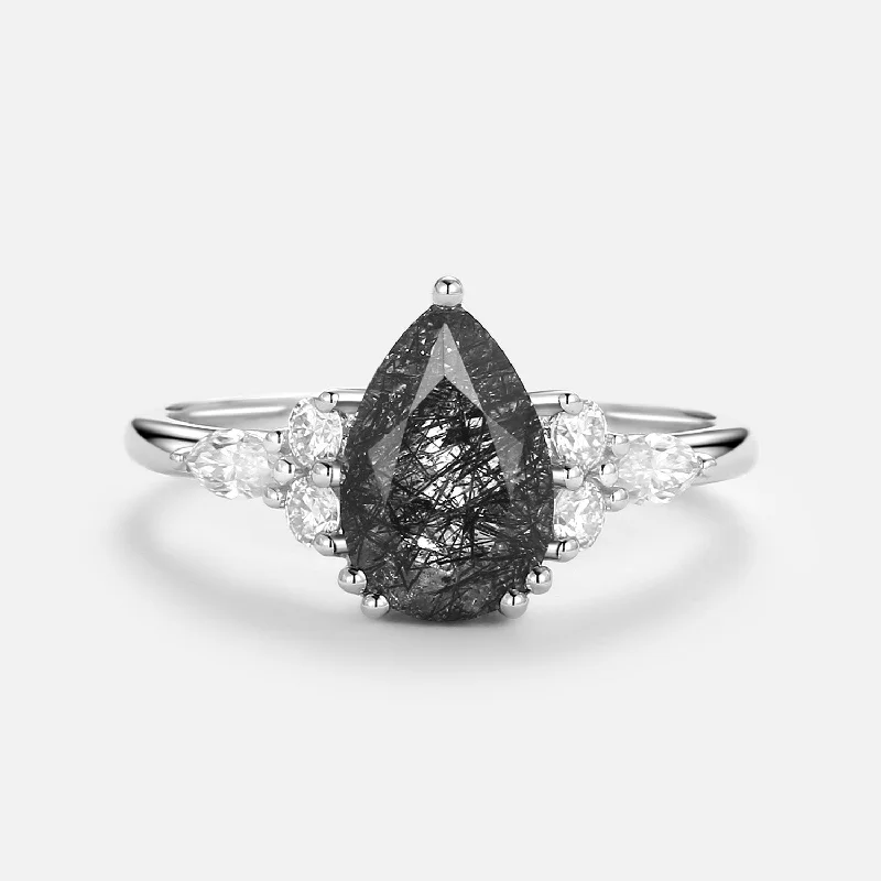 Women’s wedding rings-Pear Black Rutilated Quartz Vintage Ring