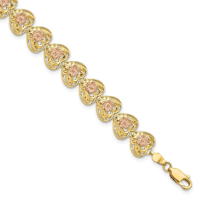 Women’s layered bracelets-14k Two-tone D/C Heart w/Flowers 7.25in Bracelet-WBC-FB1850-7.25