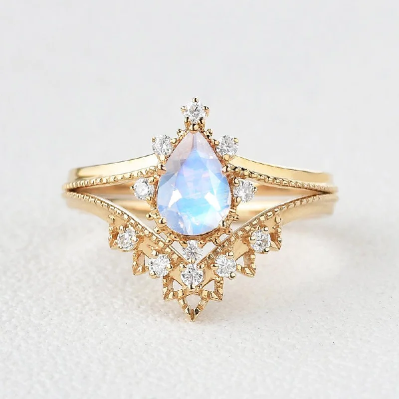 Women’s handmade rings-Moonstone & Moissanite Chevron Ring Set 2pcs