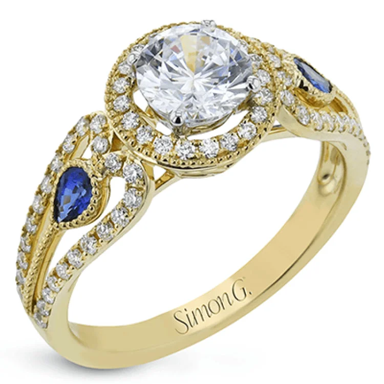 Women’s platinum engagement rings with diamonds-This intricate vintage-inspired engagement ring has two accent sapphire side stone totaling .25 ctw, while .33 ctw of white diamonds sparkle on the rest of the setting.