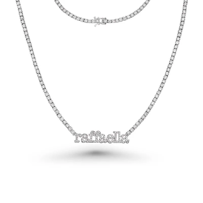 Women’s delicate gold necklaces-Custom Name Plate Diamond Tennis Necklace (8.50 ct.) 2.3 mm 4-Prongs Setting in 14K Gold