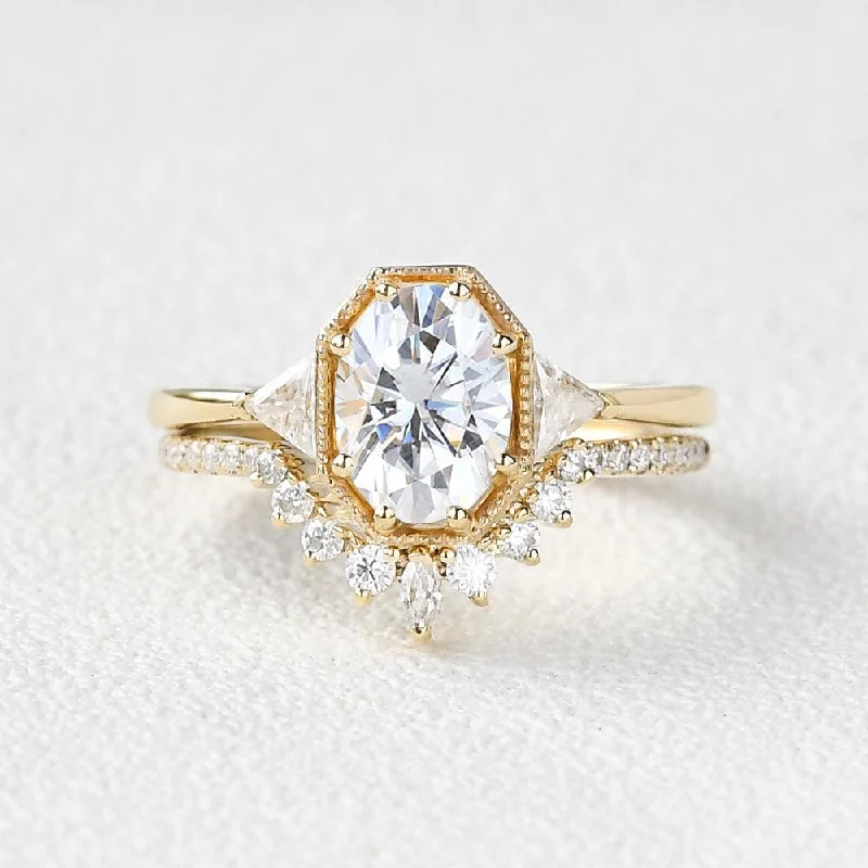 Women’s vintage diamond rings-Geometric Moissanite Retro Style Ring Set 2pcs