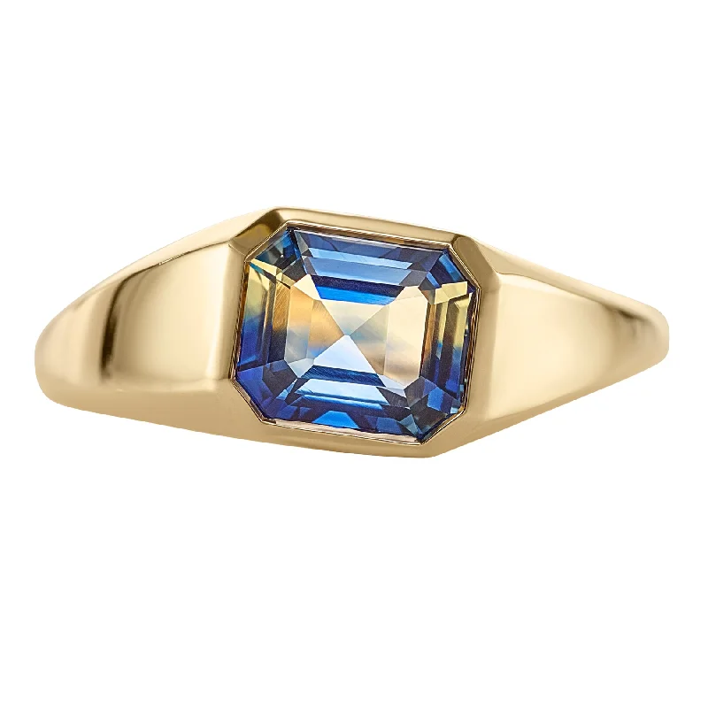 Women’s radiant cut rings-Chunky Asymmetric Statement Ring with OOAK Emerald Cut Parti Sapphire