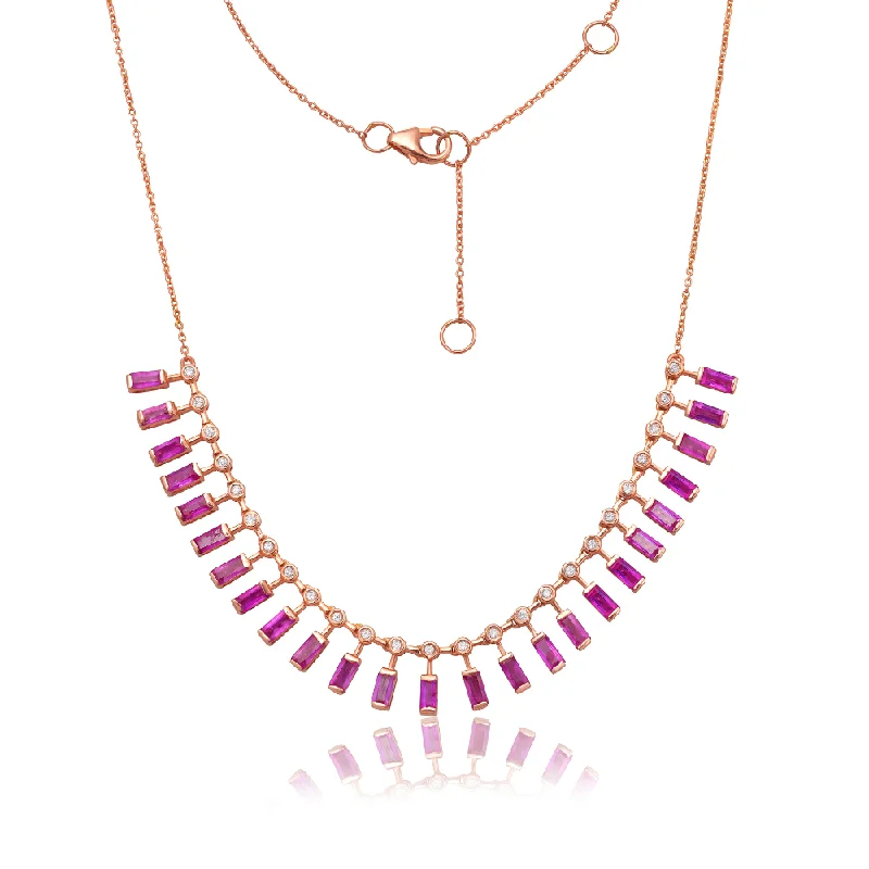 Women’s layering necklaces-Diamond & Dangling Emerald Cut Pink Sapphire Choker Necklace (4.75 ct.) in 14K Gold