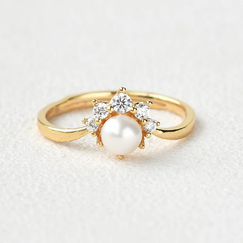 Women’s diamond cluster rings-Akoya Pearl & Round Cut Moissanite Yellow Gold Ring