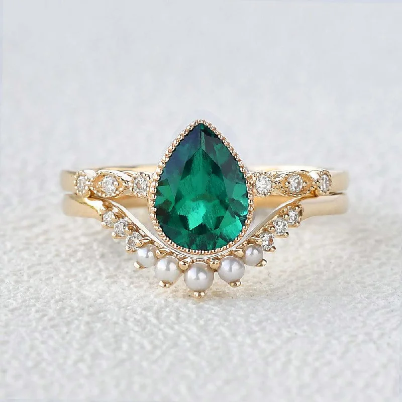 Women’s birthstone rings-Lab Emerald & Natural Pearl Ring Set 2pcs