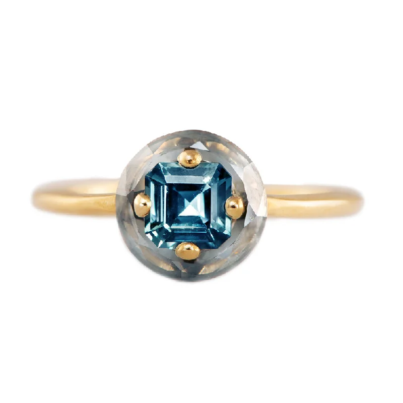 Women’s eternity rings-Diamond Sphere Ring with Asscher Cut Teal Sapphire - OOAK