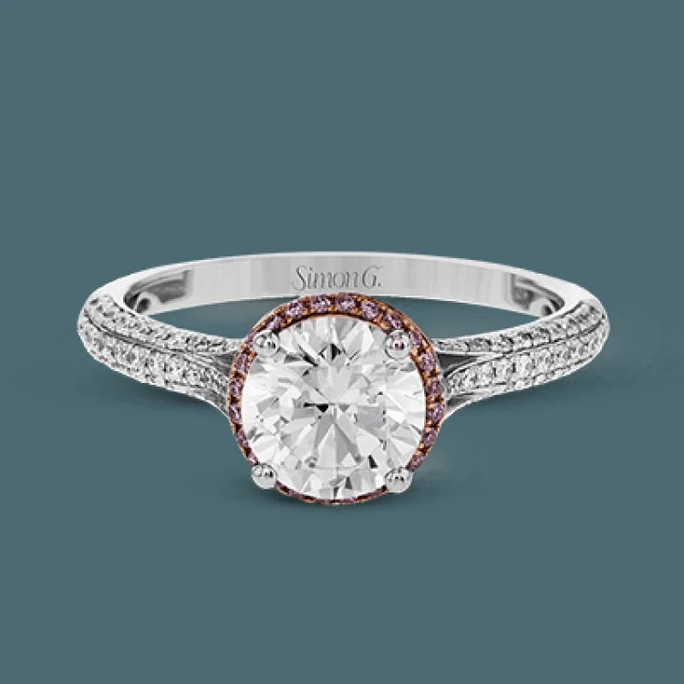 Women’s cushion cut engagement rings-Modern and sculptural, this wedding set is crafted from 18k white and rose gold and contains .54 ctw of white diamonds and .08 ctw of pink diamonds.