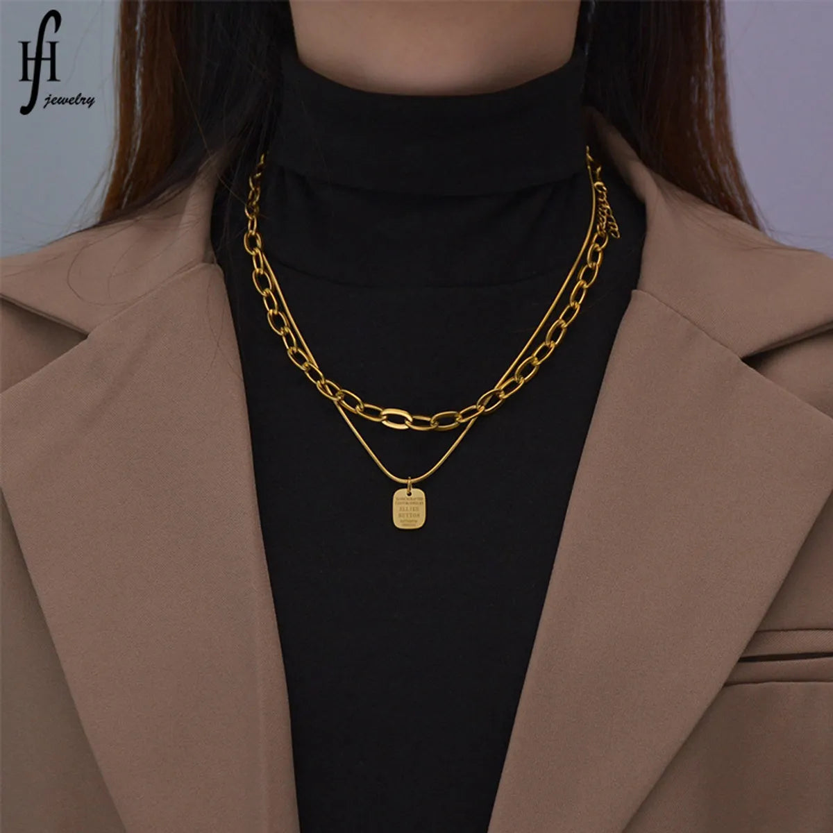 Women’s statement crystal necklaces-Streetwear Square Titanium Steel Plating Layered Necklaces