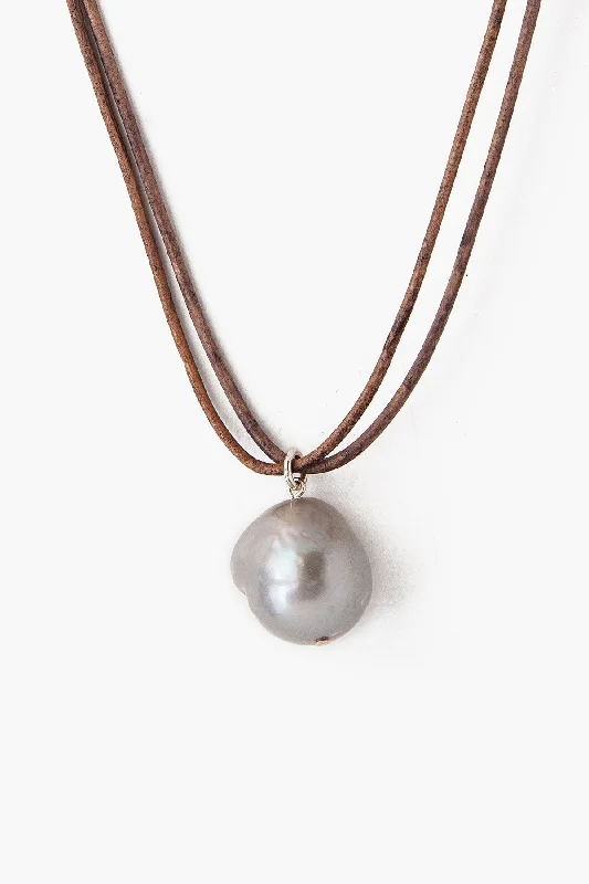 Women’s wide band necklaces-Grey Baroque Pearl on Leather Cord Necklace