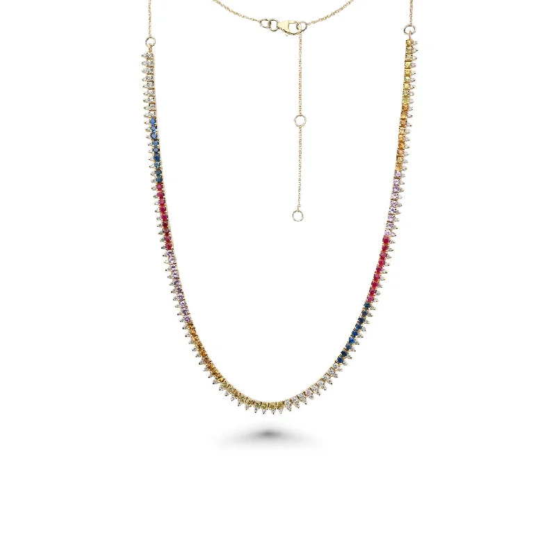 Women’s men’s style necklaces-Rainbow Sapphire & Diamonds Halfway Tennis Necklace (6.75 ct.) in 14K Gold