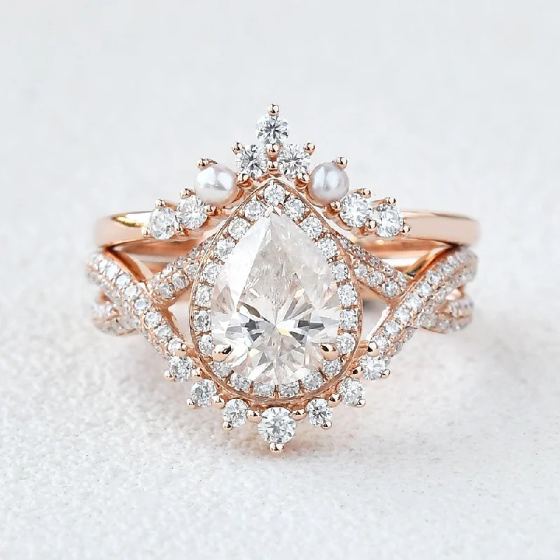 Women’s minimalist rings-1.5ct Pear Moissanite Vintage Halo Infinity Ring Set 2pcs - Katherine