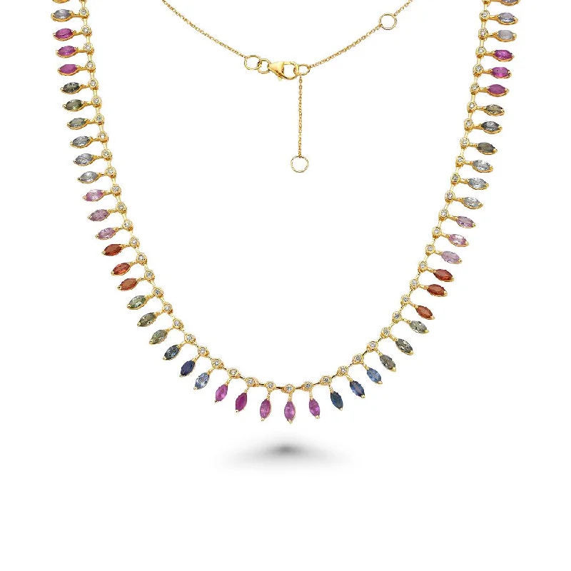 Women’s custom necklaces-Diamond & Dangling Marquise Shape Rainbow Sapphire Choker Necklace (13.40 ct.) in 14K Gold