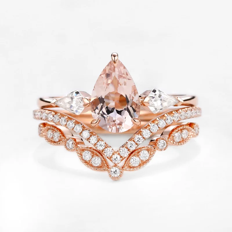 Women’s sterling silver rings-Peachy Morganite & Moissanite Three Stone Ring Set 3pcs